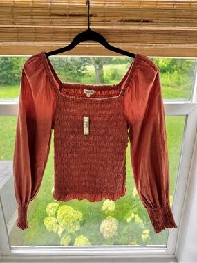NWT Madewell Smocked Puff Sleeve Top Rust M